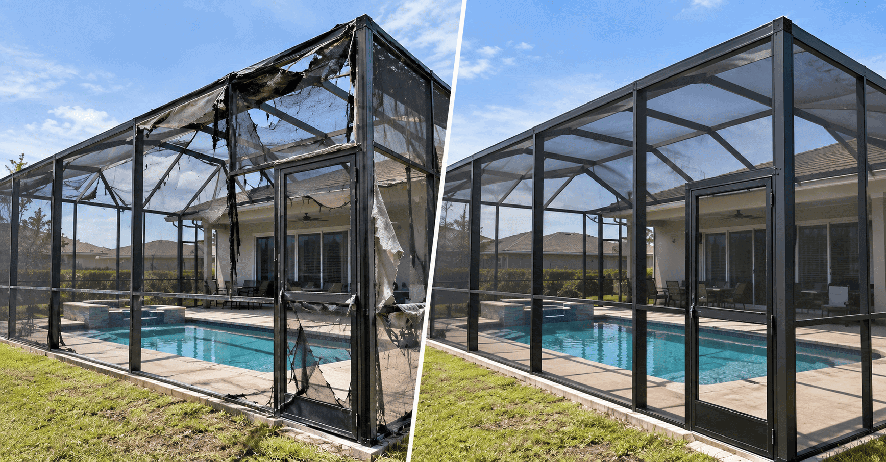 Pool Cage Repair Vs Replacement | Before and after pool cage repair showing a damaged and restored screen enclosure