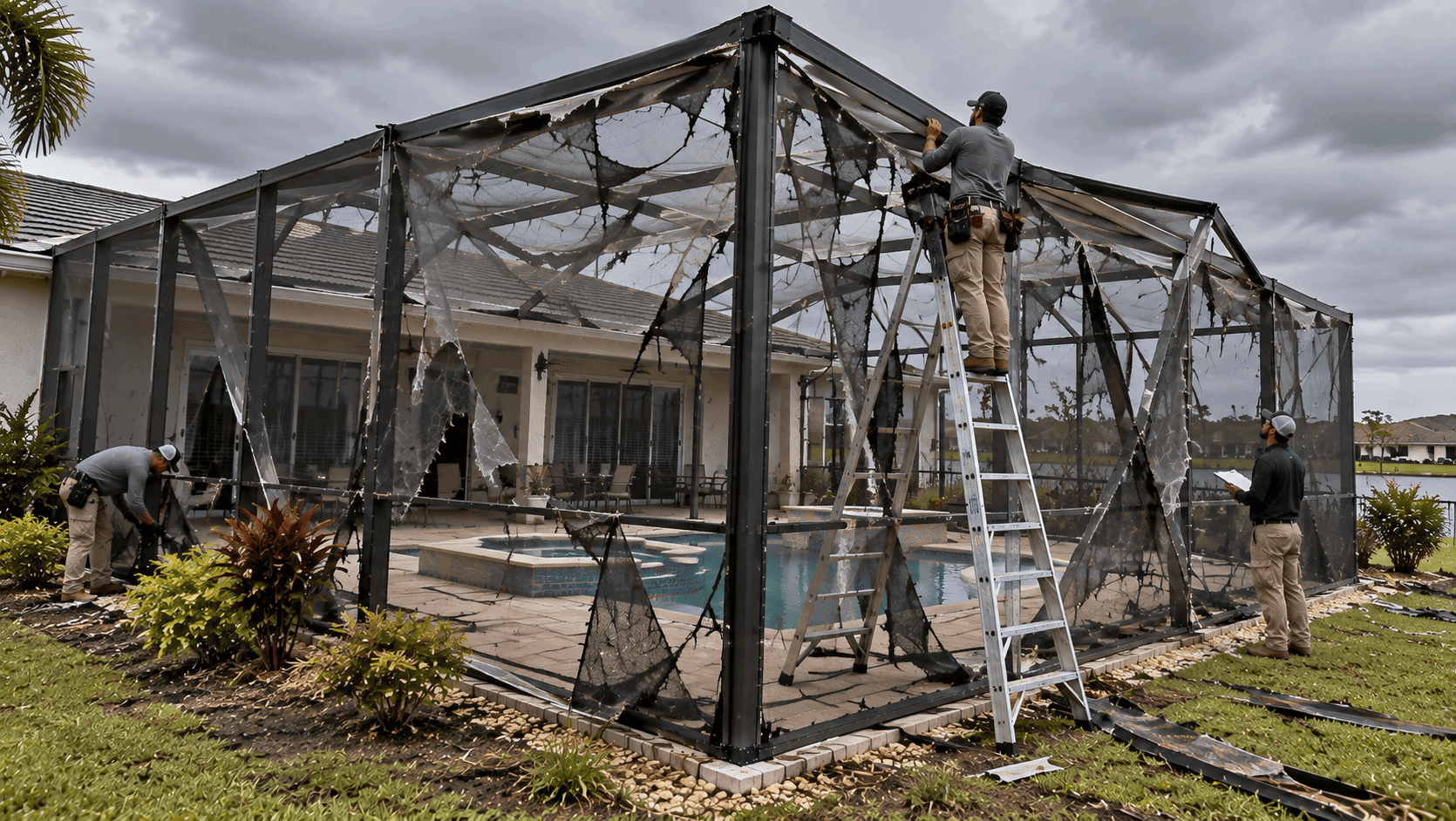 Workers inspecting a severely storm-damaged pool screen enclosure