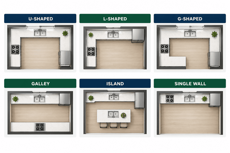 Best kitchen layouts for duplexes: comparison of one-wall, galley, L-shaped, and U-shaped kitchen floor plans.