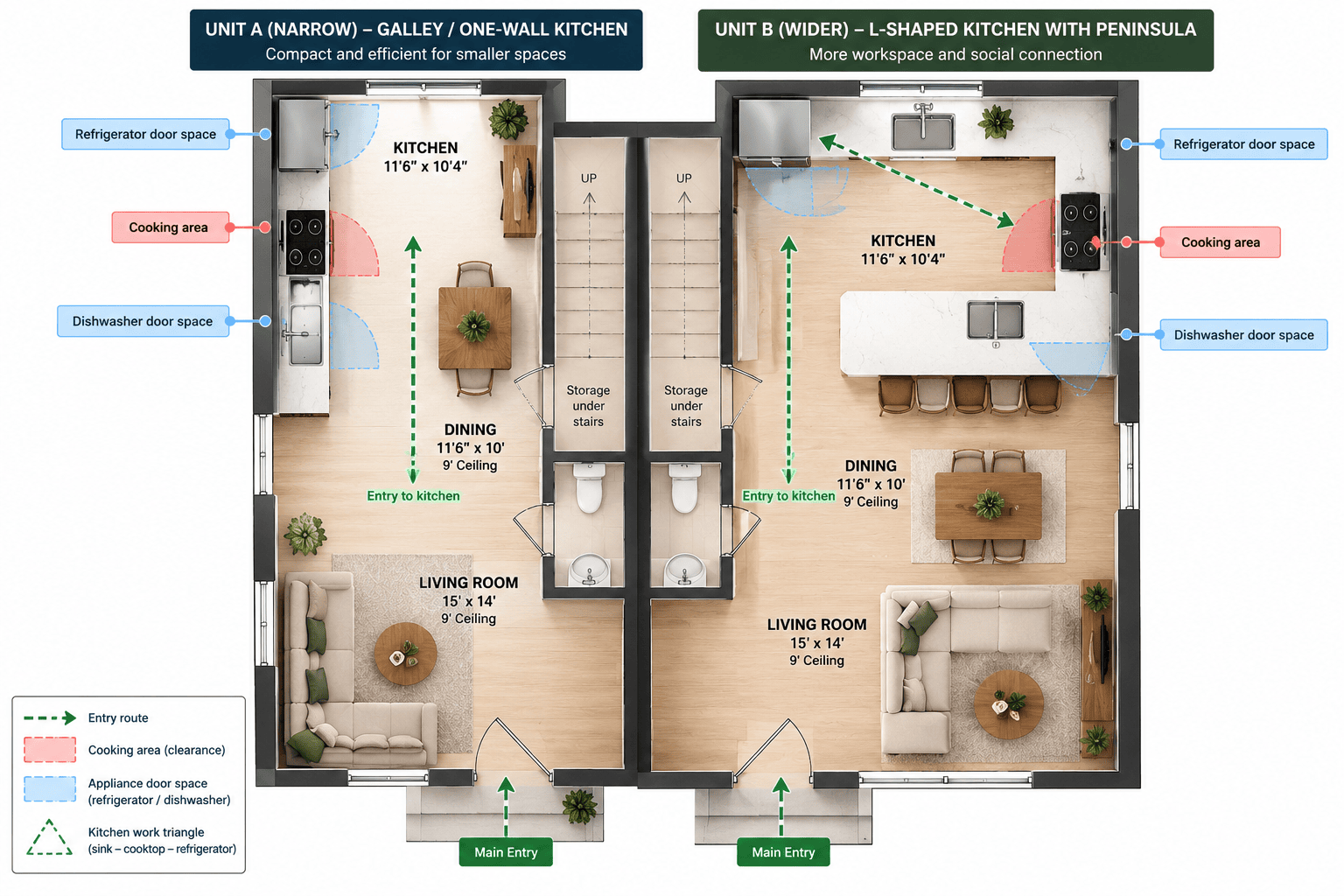 Floor plan comparing a narrow galley or one-wall kitchen in Unit A with a wider L-shaped kitchen and peninsula in Unit B.