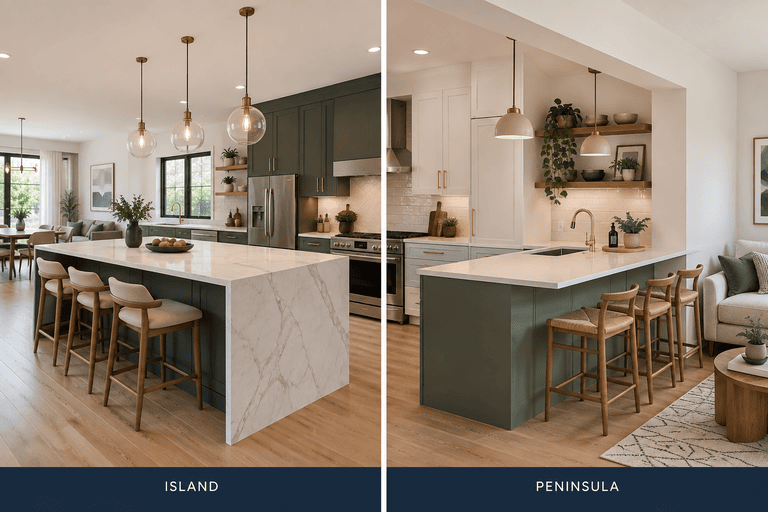 Kitchen island vs. peninsula comparison showing countertop seating and cabinet layouts