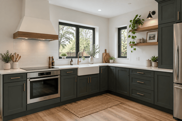 L-shaped kitchen layout with dark green cabinets and countertops along two adjoining walls remodeled by Legacy Construction Group FL.