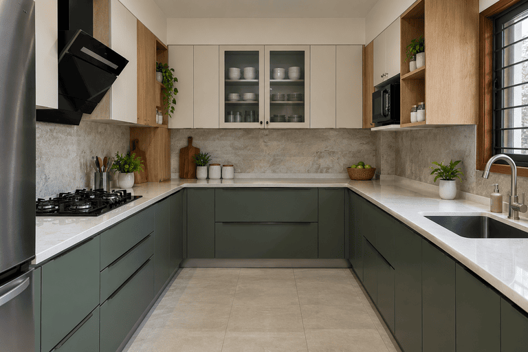 U-shaped kitchen layout with olive green cabinets, stone countertops, and work surfaces on three sides by Legacy Construction Group FL.