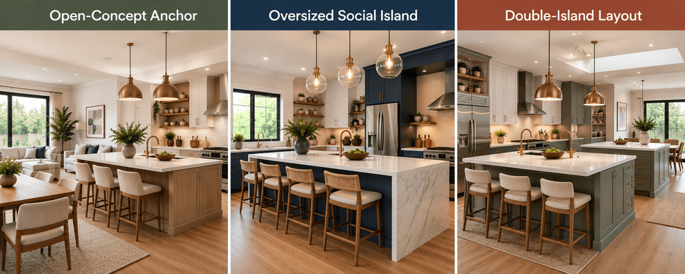 Open-concept kitchen, oversized social island, and double-island kitchen designs