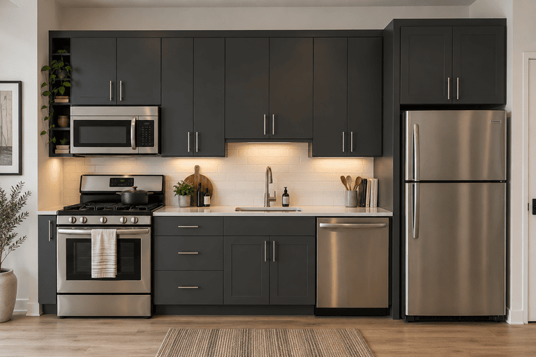 One-wall kitchen layout with a refrigerator, cooktop, sink, and cabinets along one wall for compact duplex kitchens.