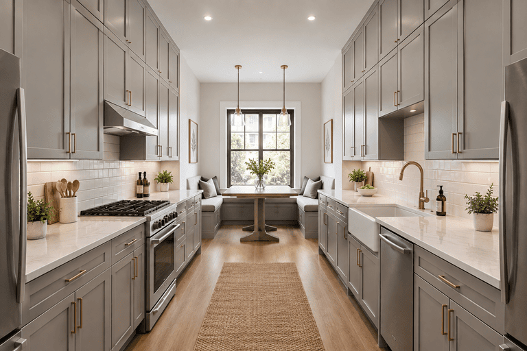 Galley kitchen layout with parallel countertops, cabinets, and appliances facing a central walkway.